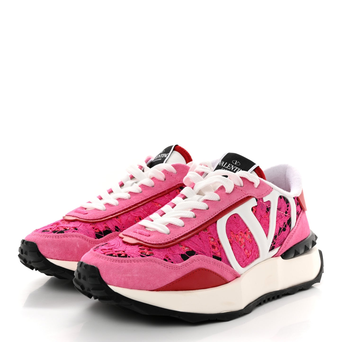 Suede Calfskin Lace Mesh Lacerunner Sneakers 39 Shocking Pink Pure Red