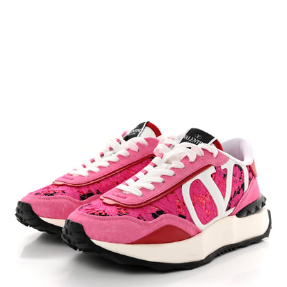 Valentino Garavani Suede Calfskin Lace Mesh Lacerunner Sneakers 39 Shocking Pink Pure Red 3 of 11