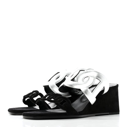 Hermes Metallic Nappa Suede Goatskin Figari 55 Sandals 38 Black Argent 3 of 8