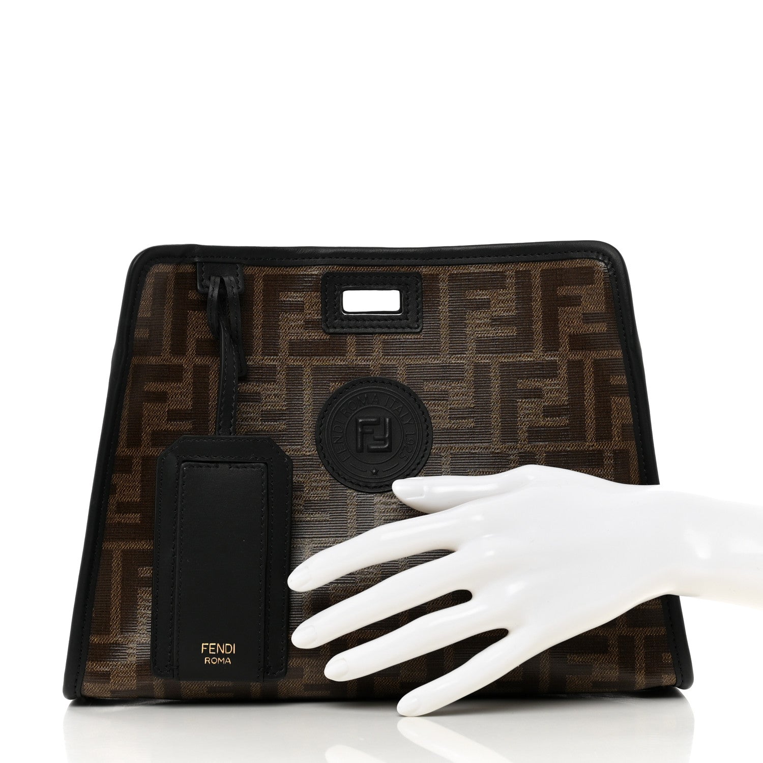 Fendi Glazed Fabric Vitello Century FF 1974 Stamp Patch Mini Peekaboo Defender Cover Mogano Panna Black 2 of 6