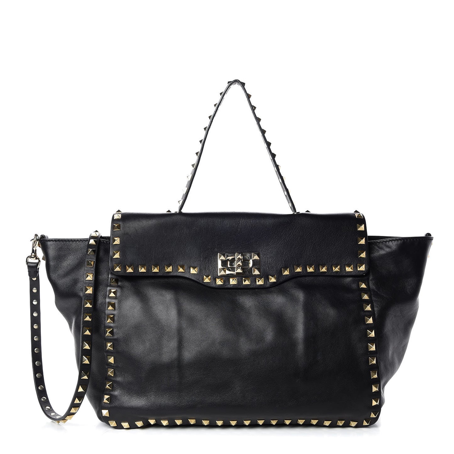 Vitello Rockstud Single Handle Flap Tote Black