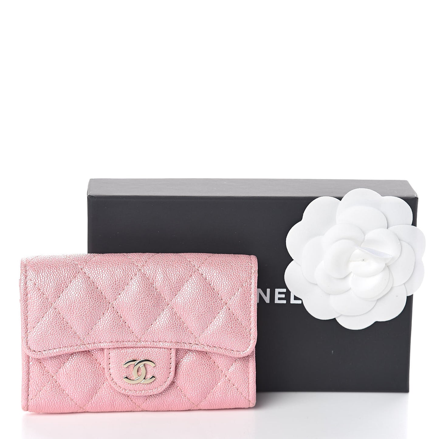 Iridescent Caviar Quilted Flap Card Holder Rose Pink