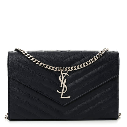Saint Laurent Grain De Poudre Matelasse Chevron Monogram Chain Wallet Deep Marine 1 of 12