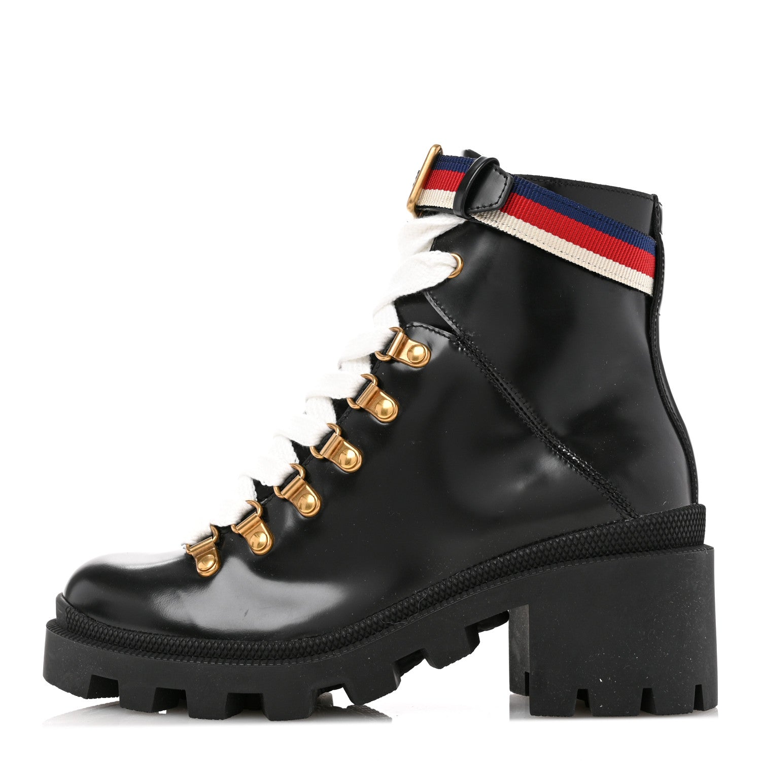 Gucci Calfskin Sylvie Web Womens Lace Up Combat Boots 35 Black 1 of 10