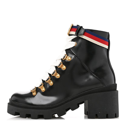 Gucci Calfskin Sylvie Web Womens Lace Up Combat Boots 35 Black 1 of 10