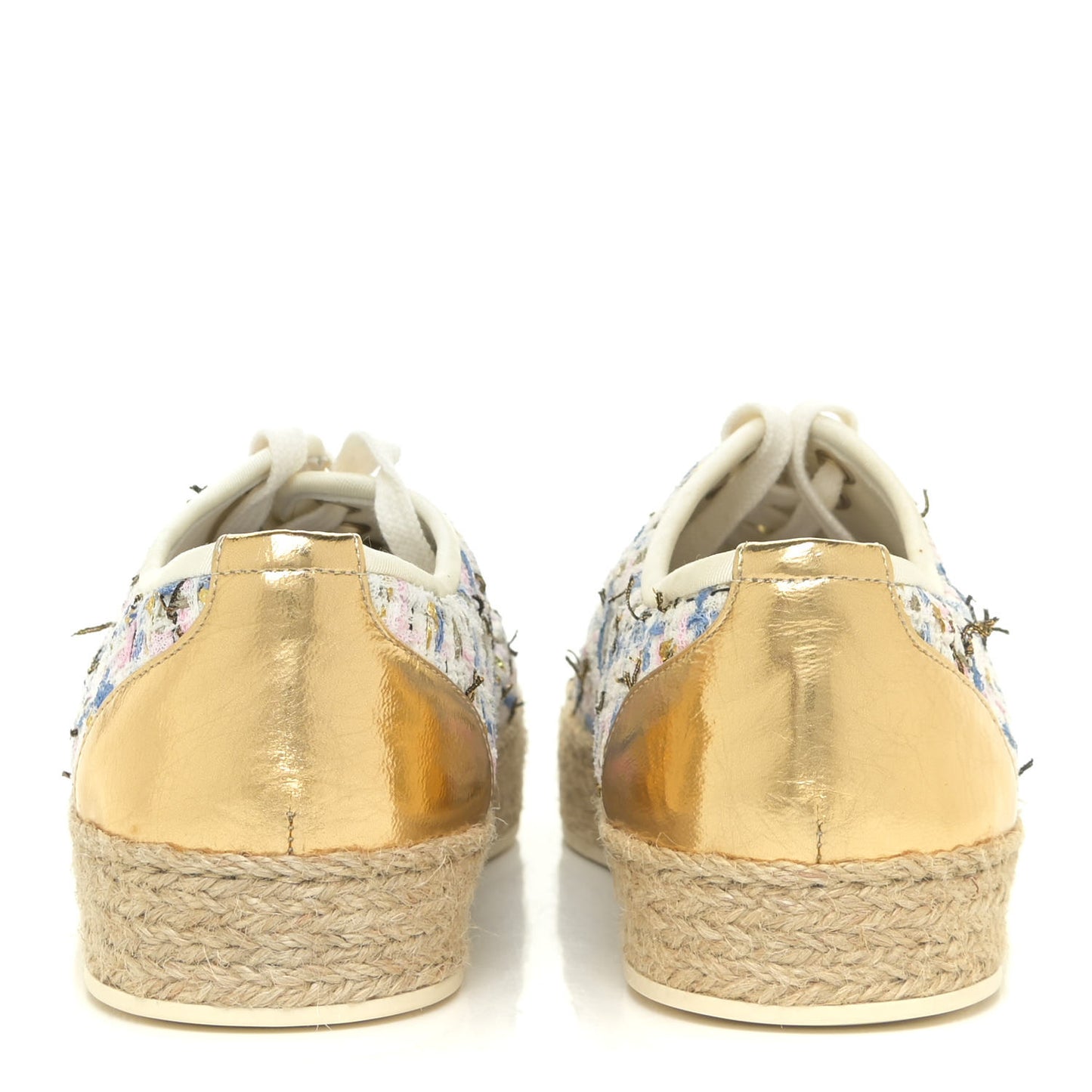 Tweed Laminated Lambskin Lace Up Espadrilles 35 Pink Blue Gold White
