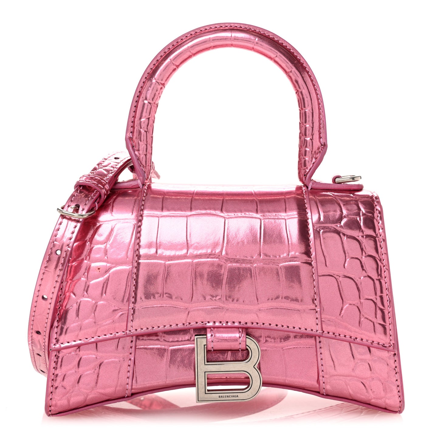 Metallic Shiny Calfskin Crocodile Embossed Hourglass Top Handle Bag XS Pink