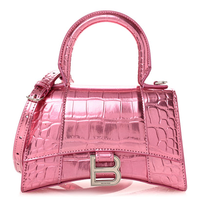 Balenciaga Metallic Shiny Calfskin Crocodile Embossed Hourglass Top Handle Bag XS Pink 1 of 10