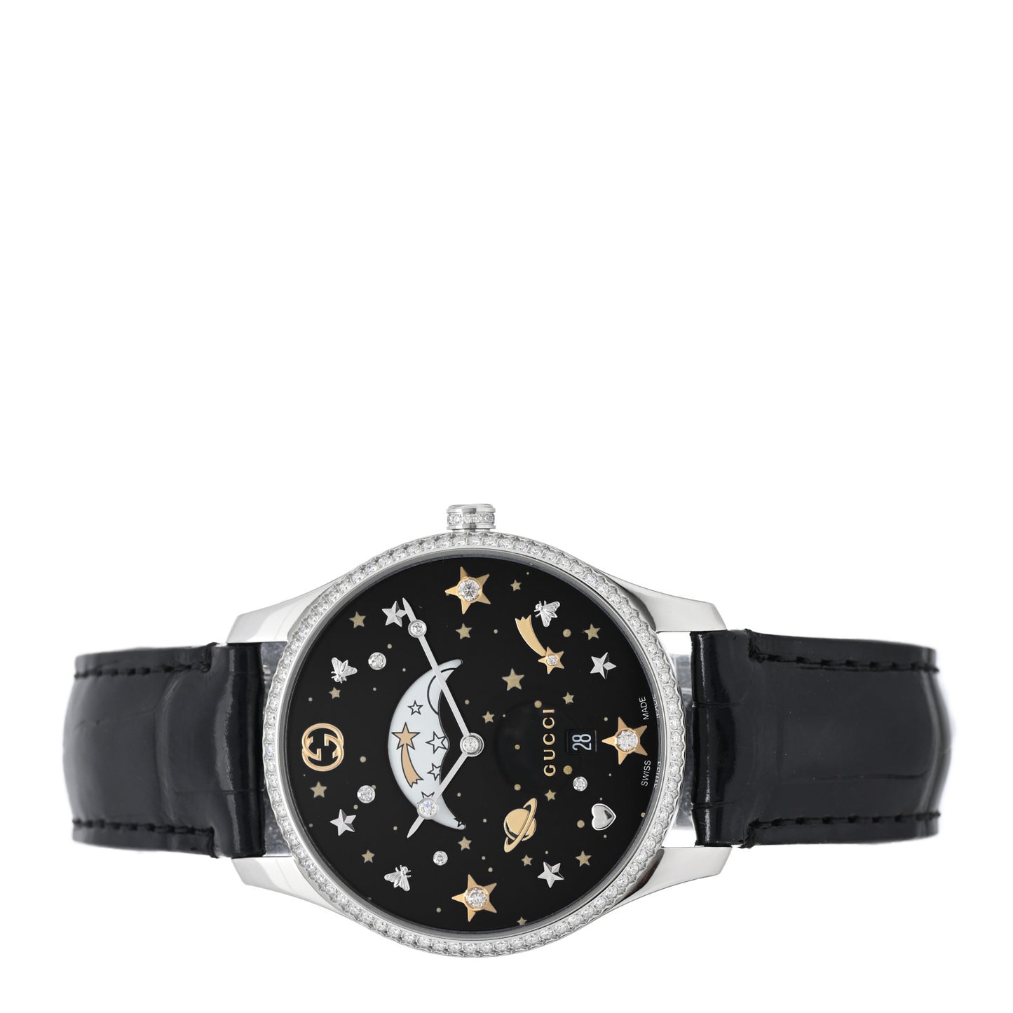 Stainless Steel Alligator Diamond Bezel 36mm G-Timeless Moonphase Star Planet Quartz Watch Black