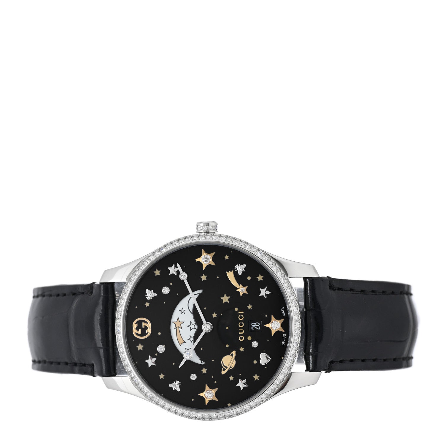 Gucci Stainless Steel Alligator Diamond Bezel 36mm G-Timeless Moonphase Star Planet Quartz Watch Black 2 of 5