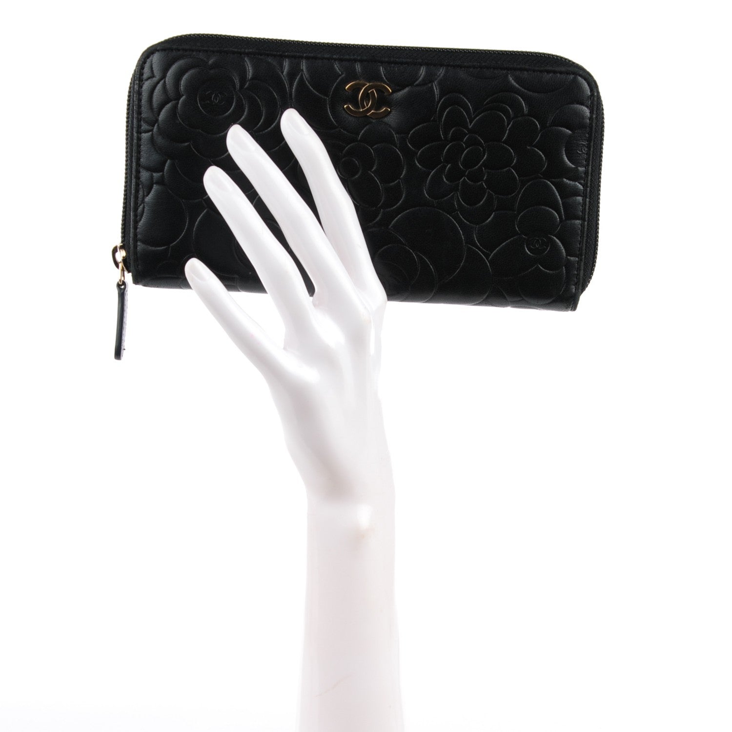Chanel Lambskin Camellia Embossed Large Zip Around Gusset Wallet Black 2 of 8