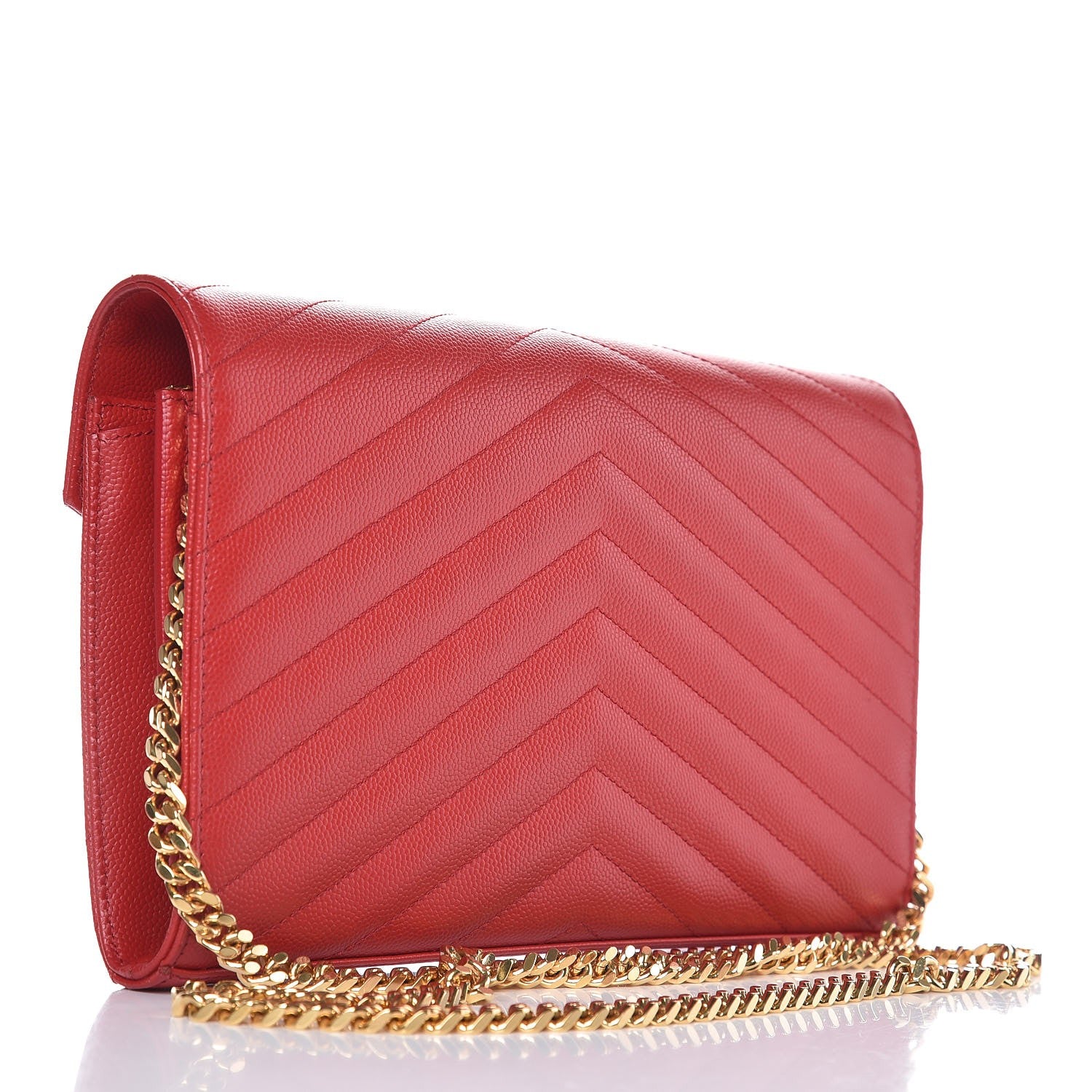 Saint Laurent Grain De Poudre Matelasse Chevron Monogram Chain Wallet New Red 3 of 8