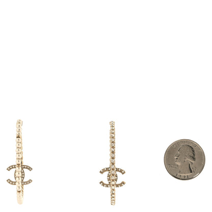 Chanel Crystal Pearl CC Drop Hoop Earrings Gold Pearly White 2 of 4
