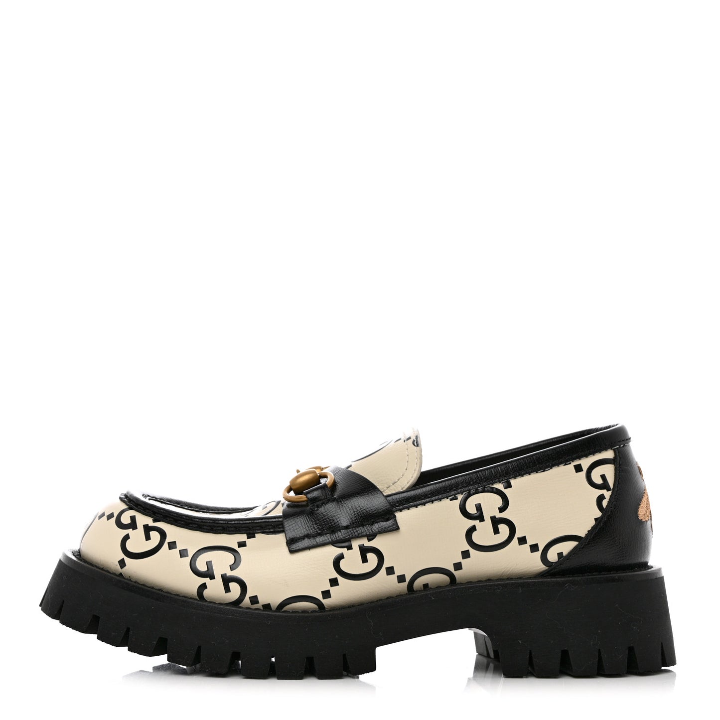 Azalea Calfskin GG Monogram Bi-Color Debossed Womens Harald Horsebit 25mm Platform Loafers 38.5 Mystic White Black