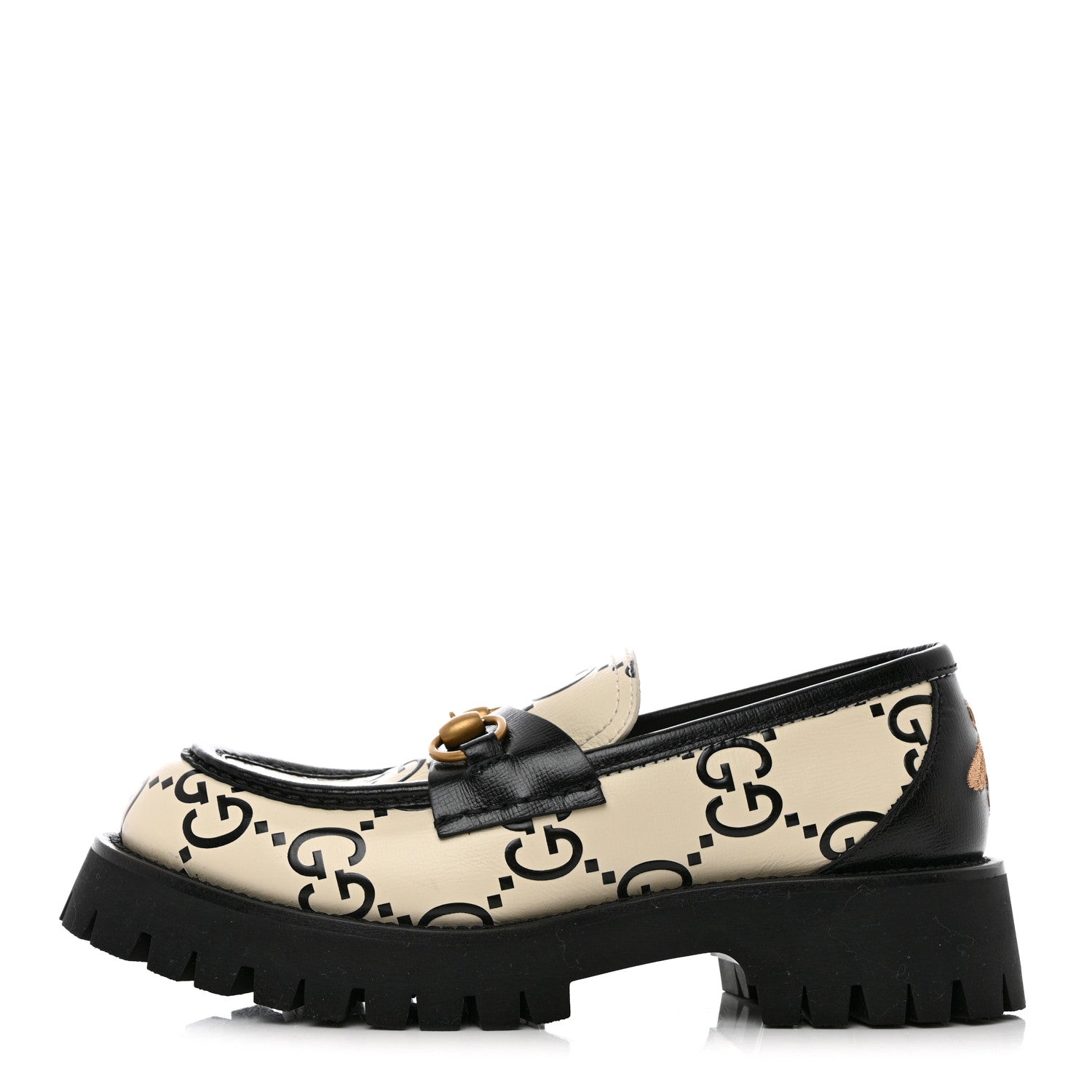 Gucci Azalea Calfskin GG Monogram Bi-Color Debossed Womens Harald Horsebit 25mm Platform Loafers 38.5 Mystic White Black 1 of 10