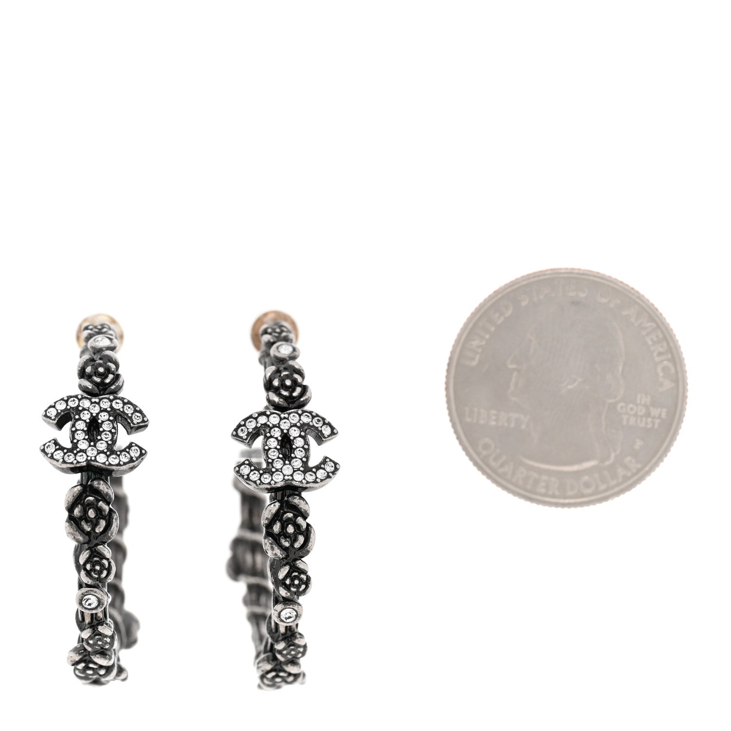 Chanel Crystal Camellia CC Hoop Earrings Ruthenium 2 of 4
