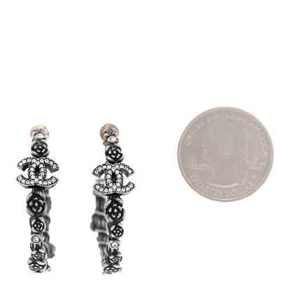 Chanel Crystal Camellia CC Hoop Earrings Ruthenium 2 of 4