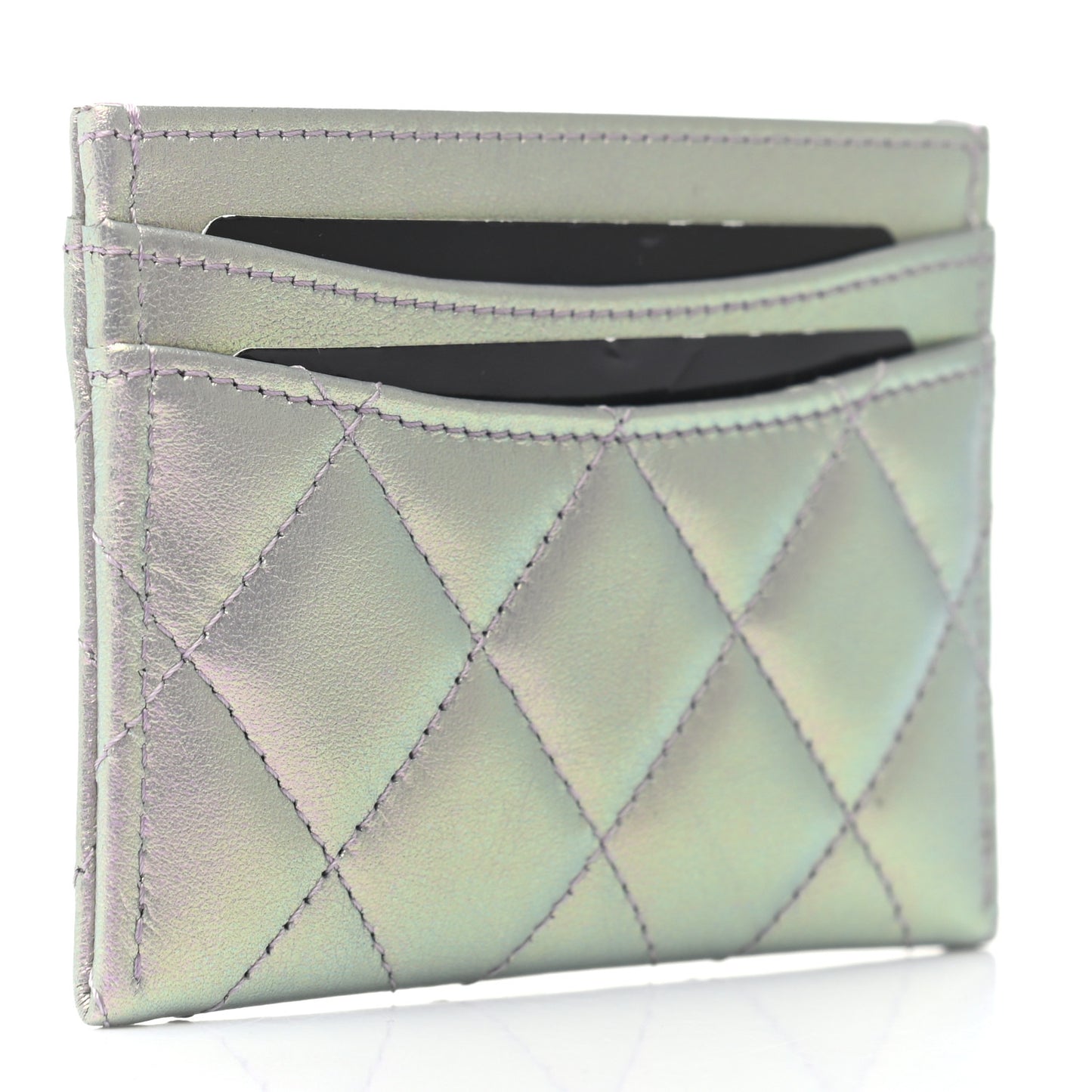 Iridescent Calfskin Quilted Card Holder Light Purple