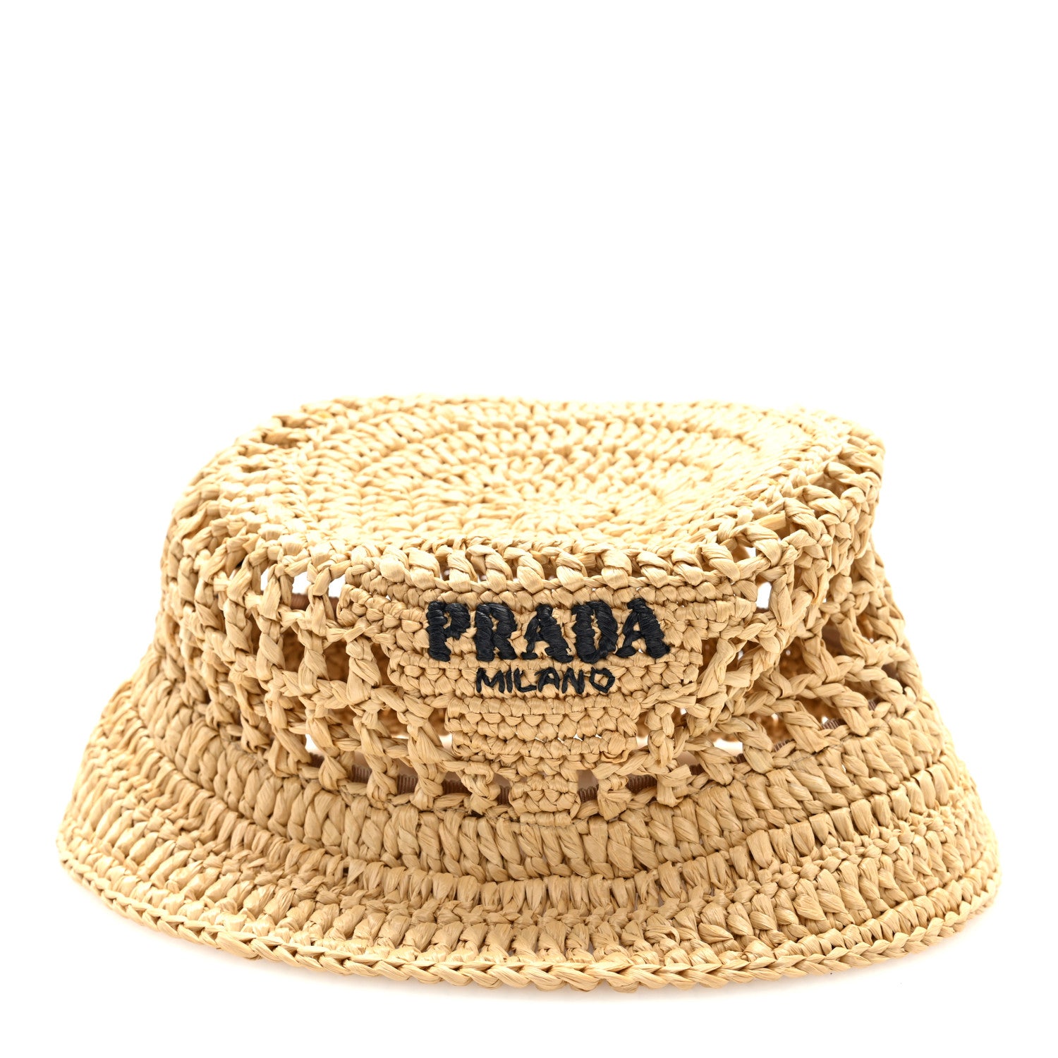 Prada Yarn Raffia Effect Crochet Logo Embroidered Womens Bucket Hat L Naturale 3 of 8