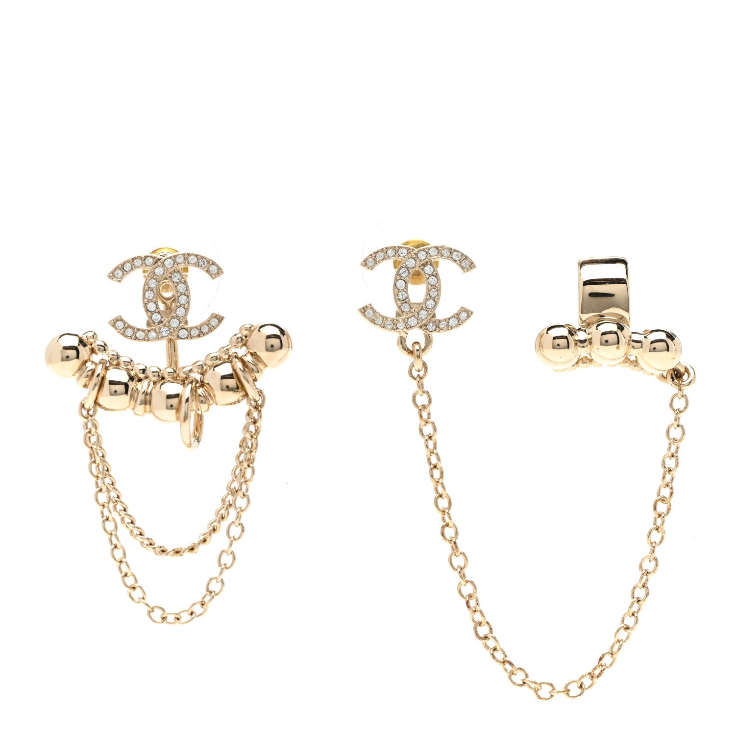 Chanel Metal Crystal CC Chain Cuff Earrings Gold 1 of 5