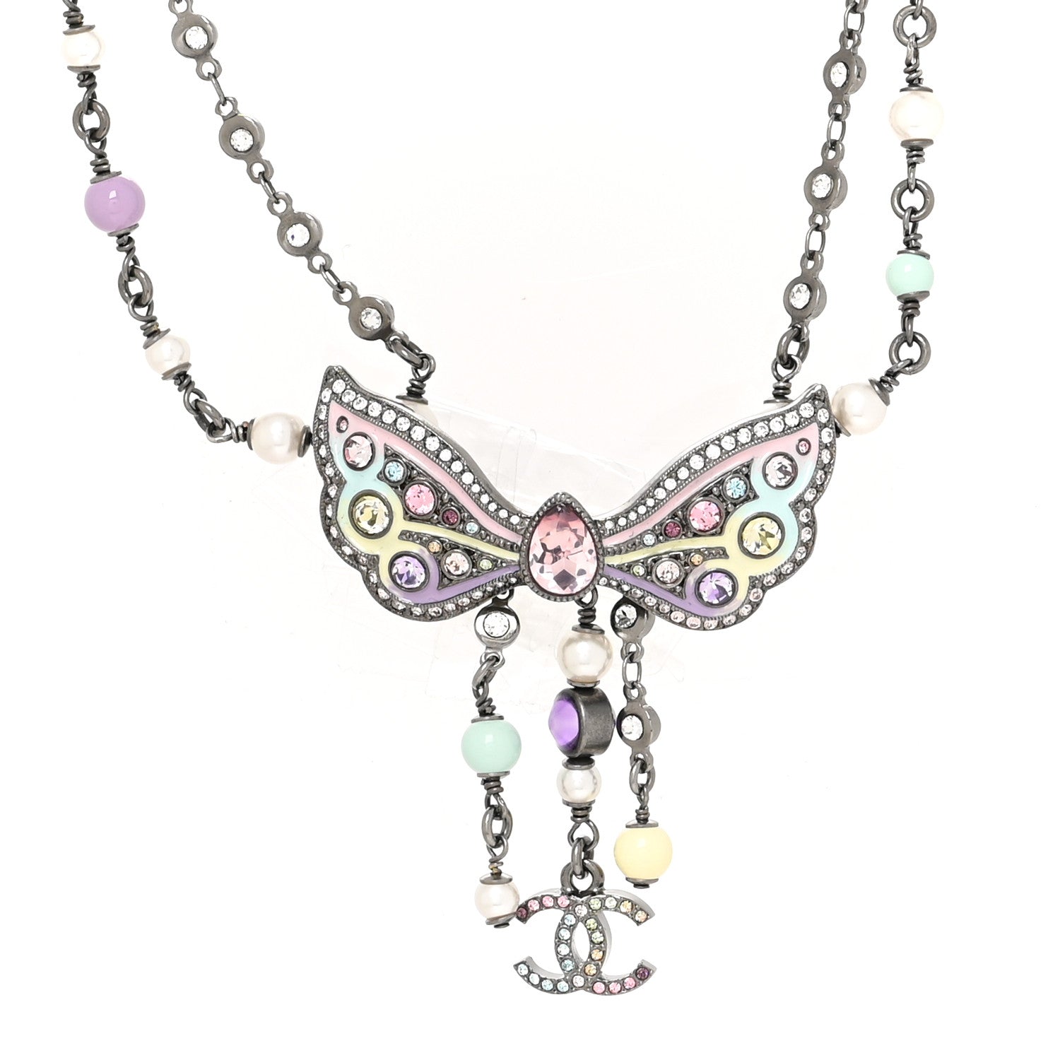 Chanel Crystal Pearl Enamel CC Butterfly Choker Necklace Silver Multicolor 1 of 5
