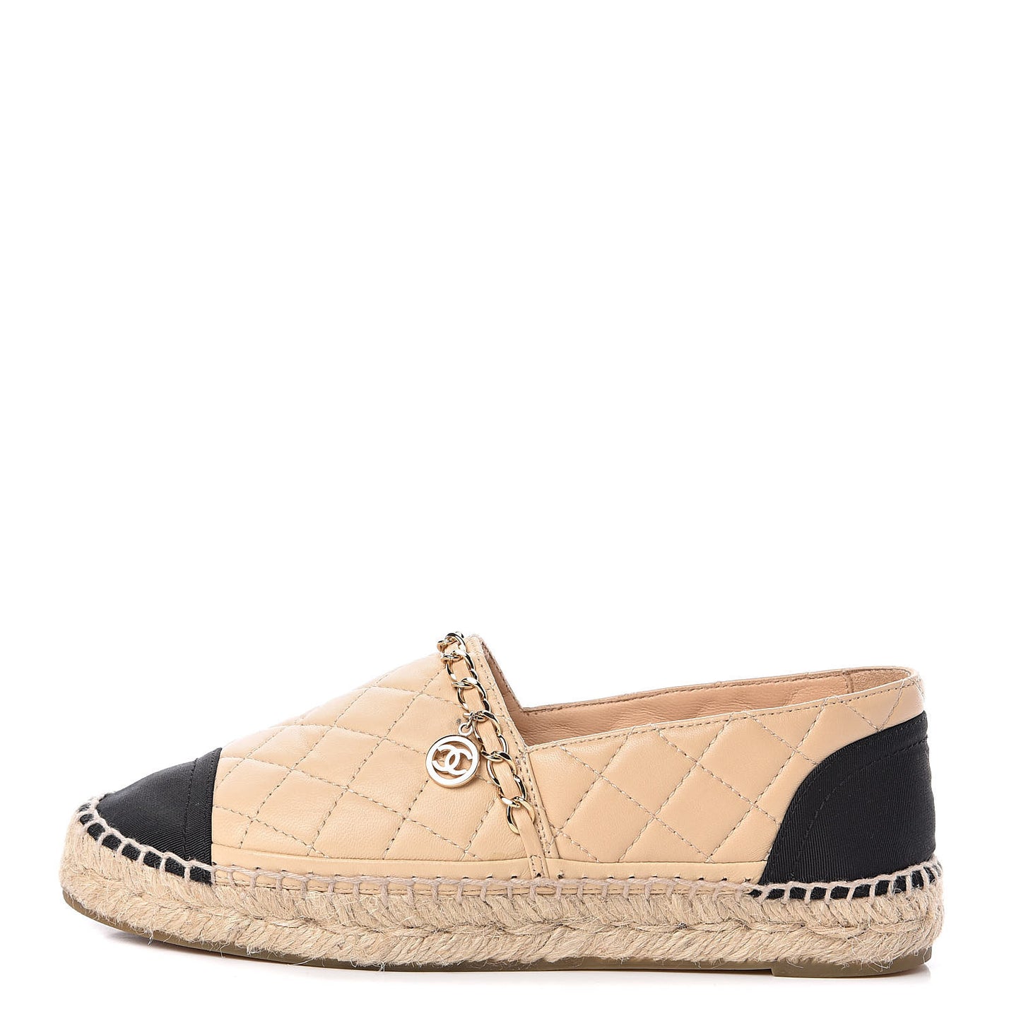 Lambskin Grosgrain Quilted CC Chain Espadrilles 35 Beige Black