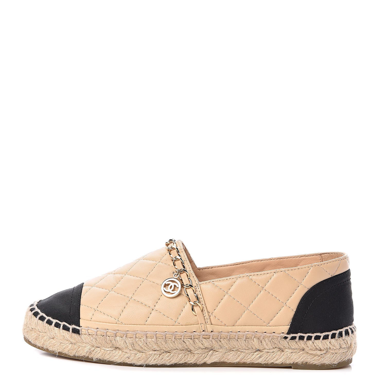 Chanel Lambskin Grosgrain Quilted CC Chain Espadrilles 35 Beige Black 1 of 11