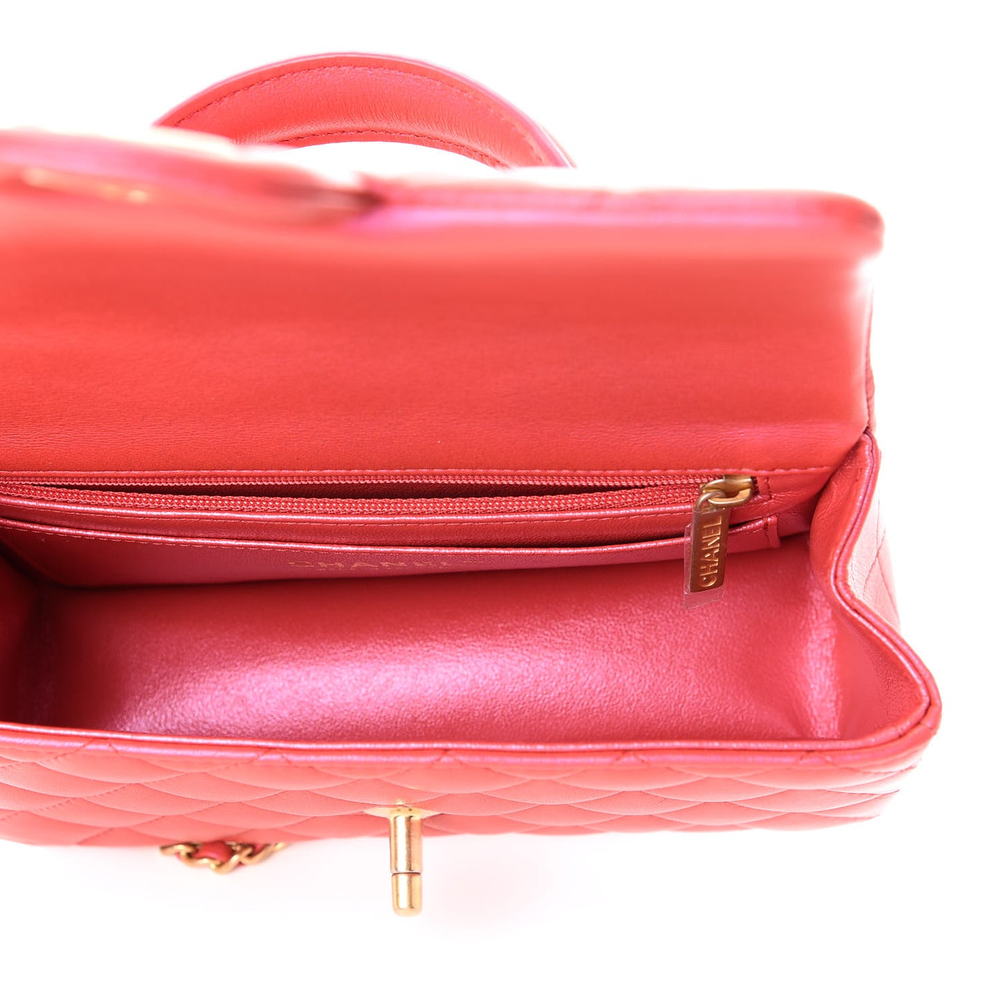 Iridescent Lambskin Quilted Mini Top Handle Rectangular Flap Red