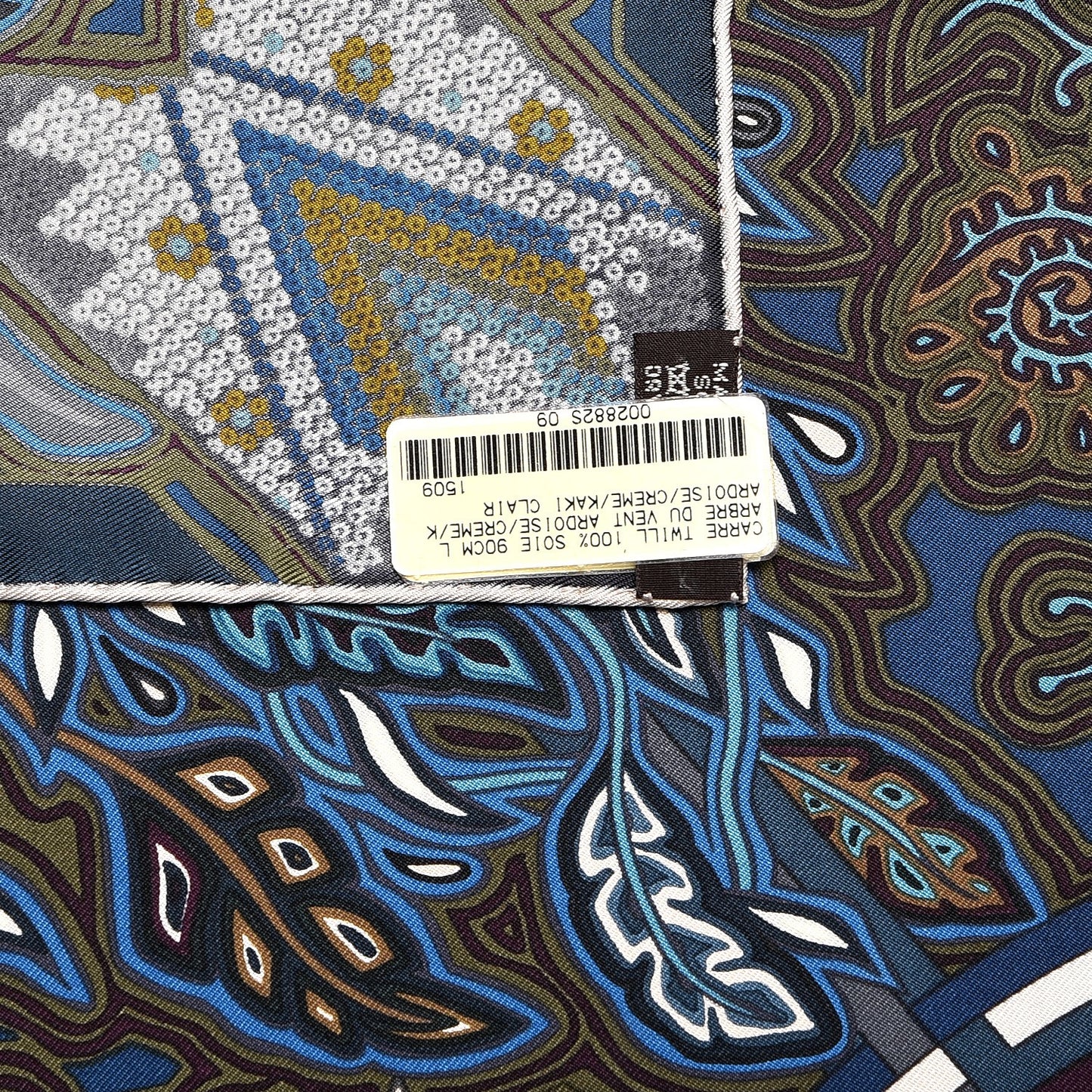 Silk L'Arbre Du Vent Scarf 90 Ardoise Creme Kaki Clair