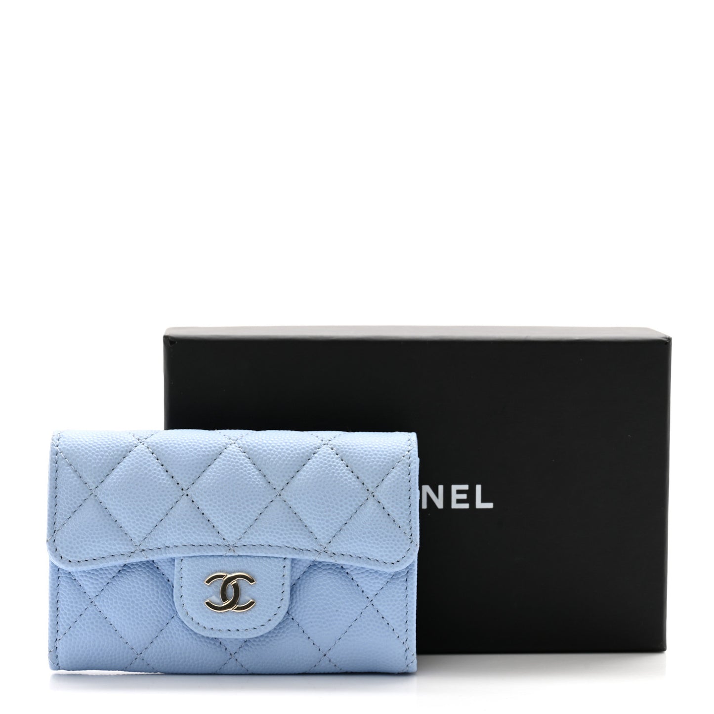 Caviar Quilted Flap Card Holder Wallet Light Blue