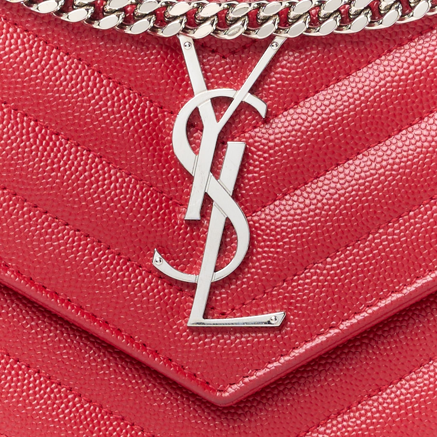 Saint Laurent Grain De Poudre Matelasse Chevron Monogram Chain Wallet Red 7 of 11