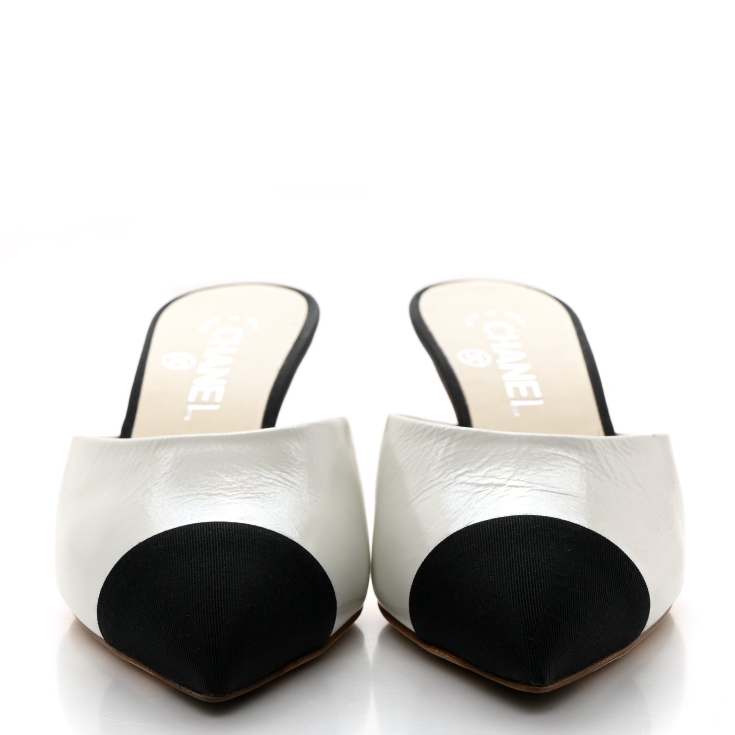Patent Grosgrain Cap Toe Pearl Mule 37.5 White Black