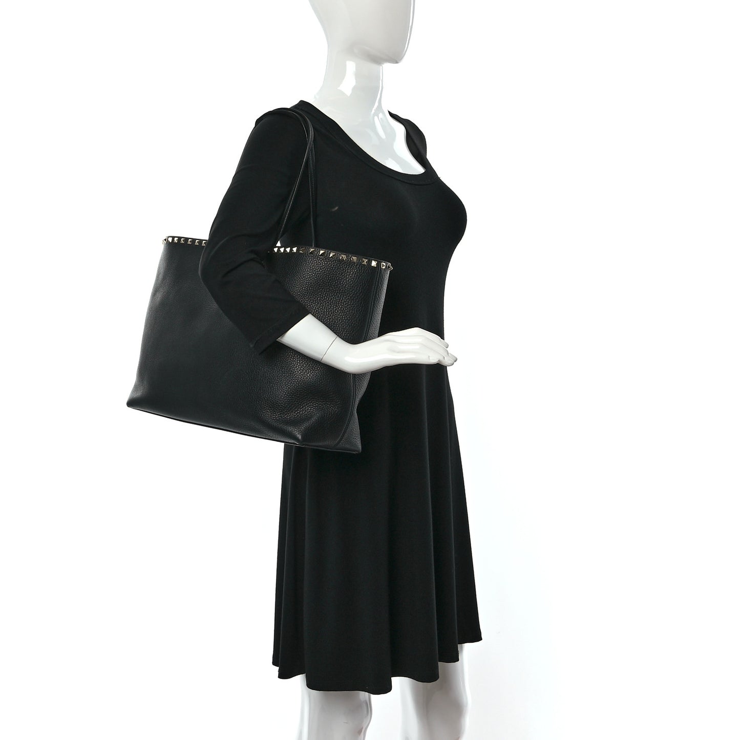 Grained Calfskin Rockstud Shoulder Tote Black