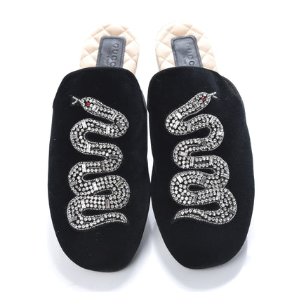 Gucci Velvet Crystal Snake Embroidered Womens Slippers 37 Black 5 of 9