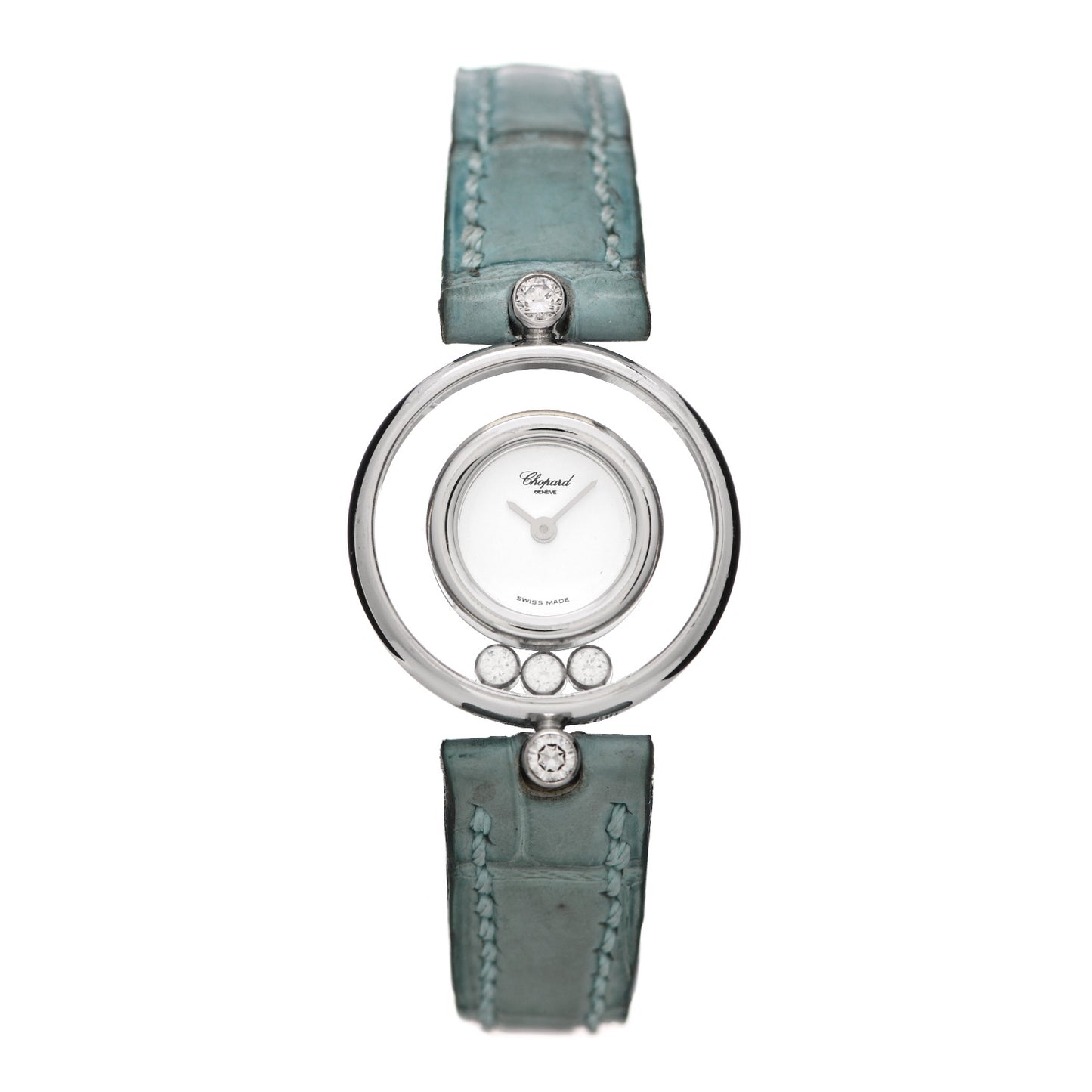 18K White Gold Alligator 3 Diamond 23mm Happy Diamonds Quartz Watch