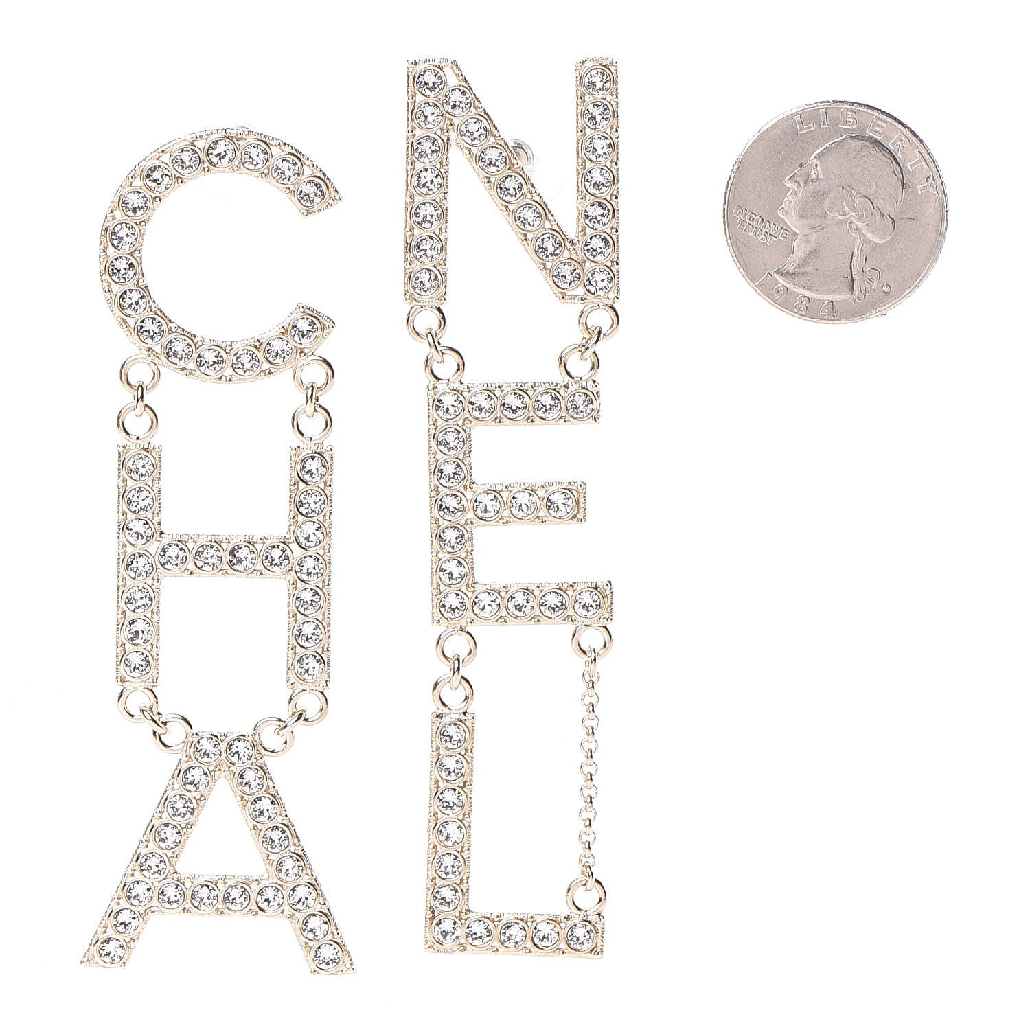 Chanel Crystal Cha-Nel Logo Drop Earrings Gold 2 of 5