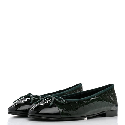 Chanel Crocodile Embossed Patent Calfskin Cap Toe CC Ballerina Flats 38 Dark Green Black 4 of 10