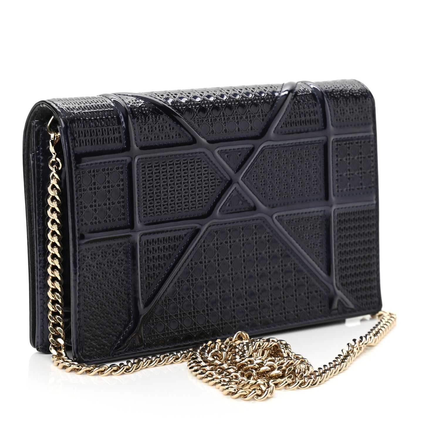 Metallic Patent Micro-Cannage Diorama Wallet on Chain Pouch Navy Blue