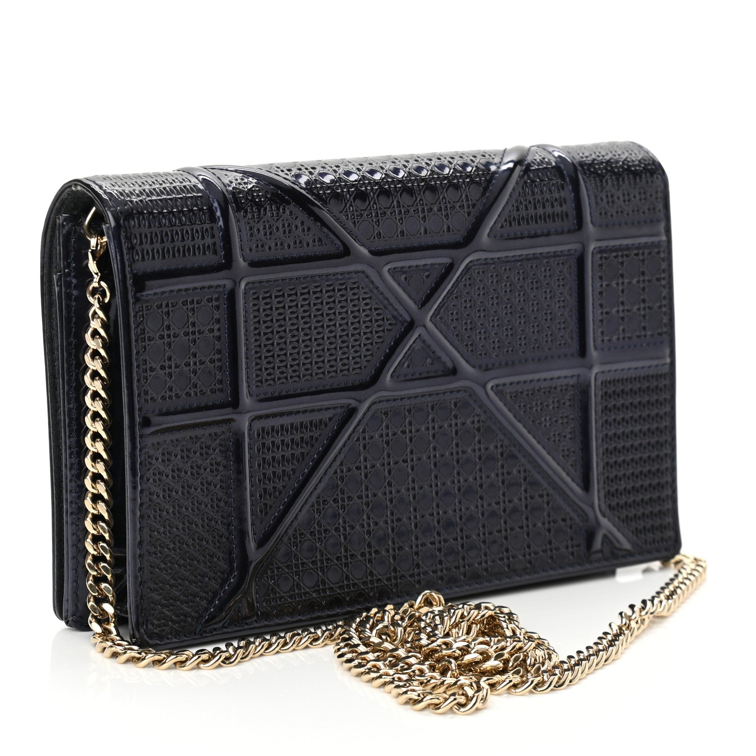 Christian Dior Metallic Patent Micro-Cannage Diorama Wallet on Chain Pouch Navy Blue 2 of 8