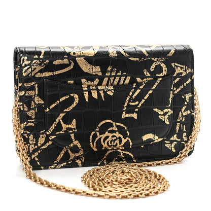 Chanel Calfskin Crocodile Embossed Graffiti 2.55 Cocodile Reissue Wallet On Chain WOC Black Gold 3 of 12