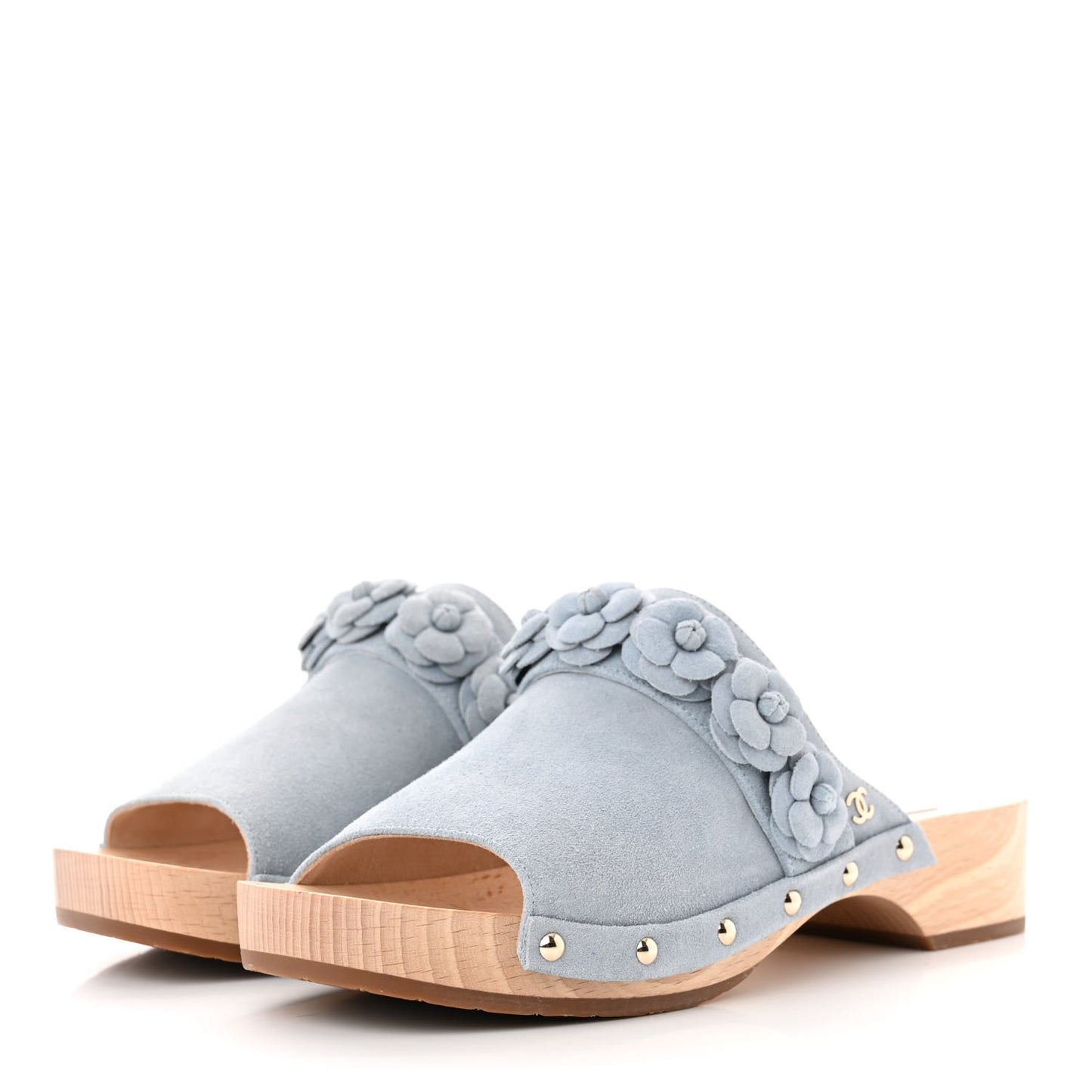 Suede Calfskin Camellia Mules 38 Light Blue