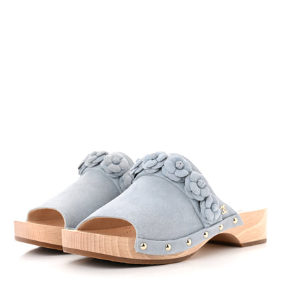 Chanel Suede Calfskin Camellia Mules 38 Light Blue 3 of 9