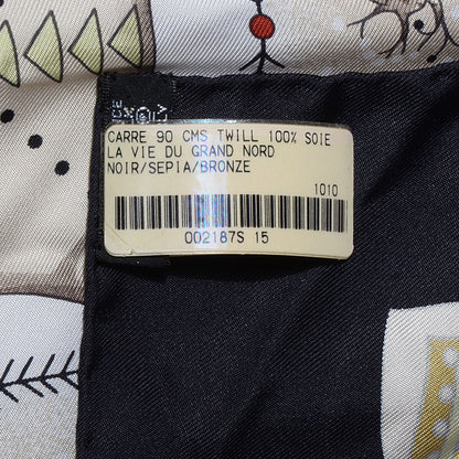 Hermes Silk La Vie Du Grand Nord Scarf 90 Noir Sepia Bronze 6 of 6