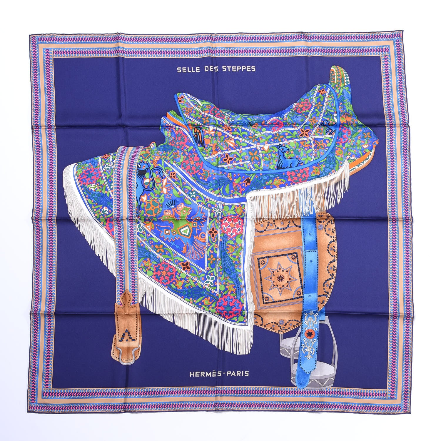 Hermes Silk Selle Des Steppes Scarf 90 Indigo Vert Multicolor 1 of 4