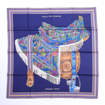 Hermes Silk Selle Des Steppes Scarf 90 Indigo Vert Multicolor 1 of 4