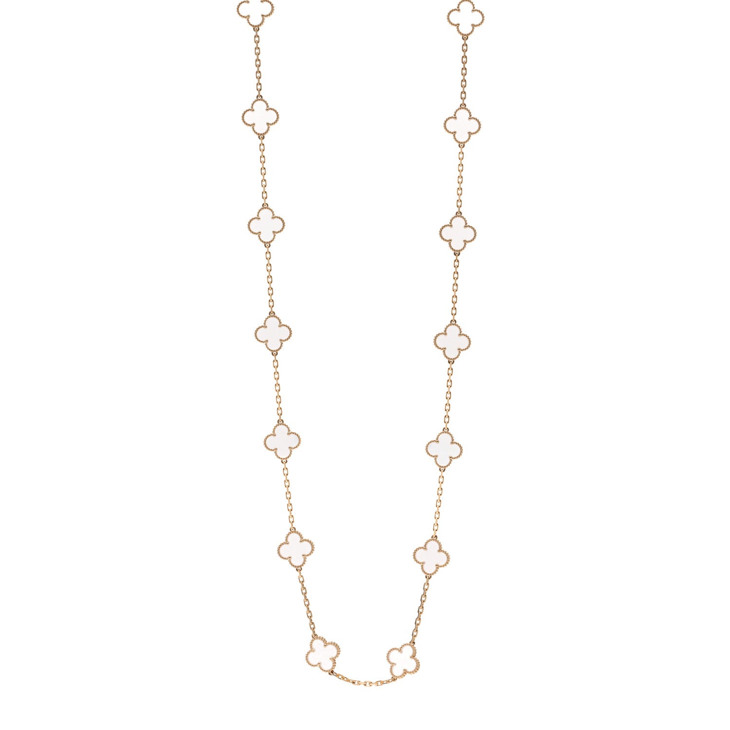 Van Cleef & Arpels 18K Yellow Gold Rock Crystal 20 Motifs Vintage Alhambra Necklace 1 of 6