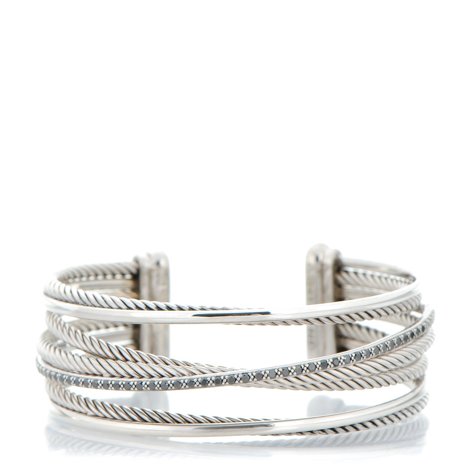 David Yurman Sterling Silver 14K White Gold Pave Black Diamond 20mm Crossover Four Row Cuff 1 of 5