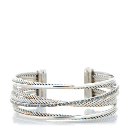 David Yurman Sterling Silver 14K White Gold Pave Black Diamond 20mm Crossover Four Row Cuff 1 of 5