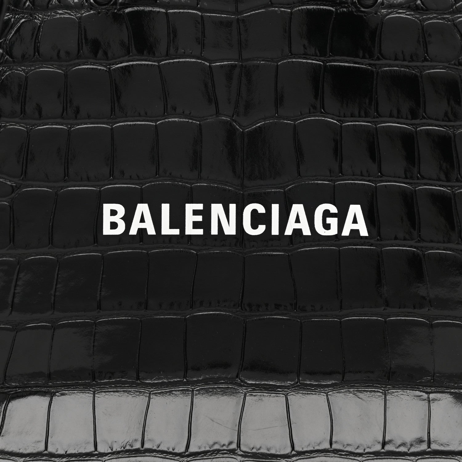 Balenciaga Shiny Calfskin Logo Crocodile Embossed North South Shopper Tote XXS Black White 8 of 10