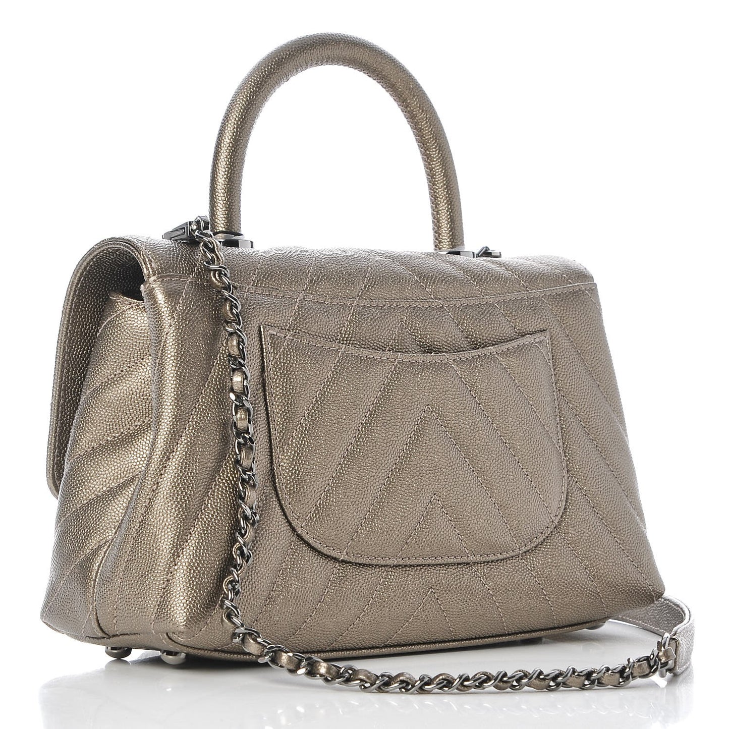 Metallic Caviar Chevron Quilted Mini Coco Handle Flap Light Gold
